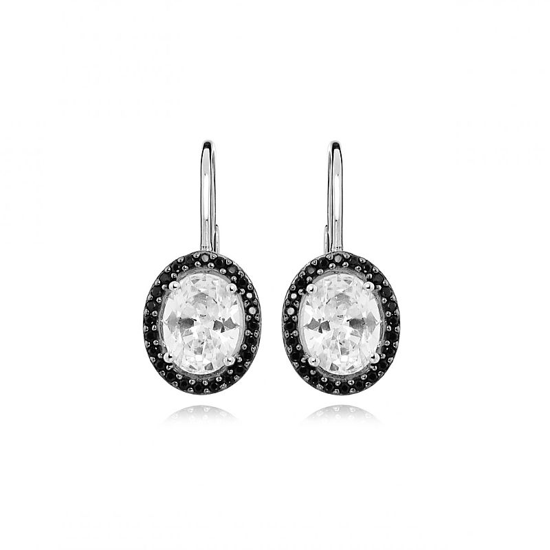 Black and Clear Cubic Zirconia Oval Leverbacks - Click Image to Close
